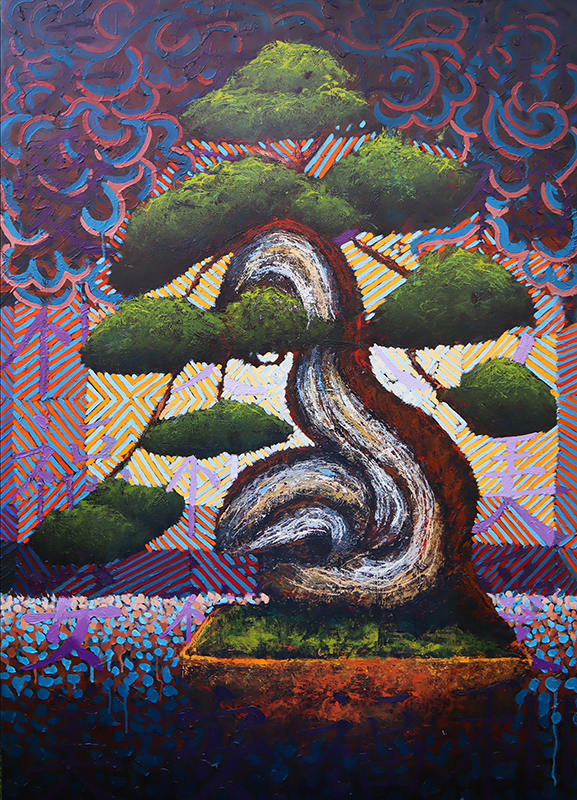 Jin Shari Shimpaku original oil painting by Ron Reekers depicting a 200-year-old juniper bonsai with twisting white deadwood, green foliage pads, and a vibrant geometric background.
