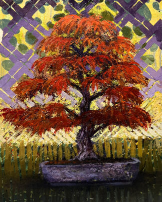 Koto Maple original mixed media bonsai artwork by Ron Reekers featuring a red Japanese maple against a purple, yellow and green patterned background