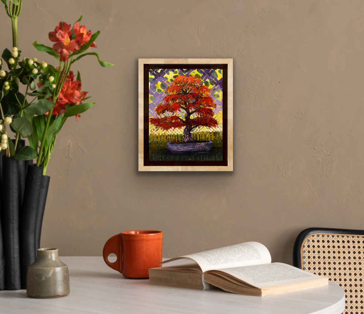 Framed Koto Maple mixed media bonsai artwork by Ron Reekers displayed on a warm neutral interior wall