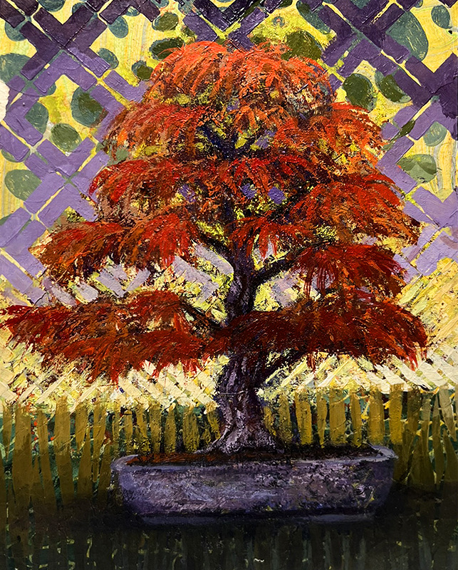 Koto Maple original mixed media bonsai artwork by Ron Reekers featuring a red Japanese maple against a purple, yellow and green patterned background