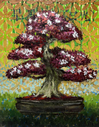 May Nikko mixed media artwork of a 50-year-old Satsuki azalea bonsai with pink, red and white flowers