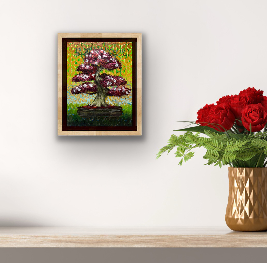 May Nikko Satsuki azalea bonsai artwork framed and displayed on a contemporary interior wall