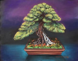 Old Shimpaku original pastel painting by Ronald Ray Reekers depicting an ancient Japanese Shimpaku juniper bonsai with reddish living veins, weathered white deadwood, vibrant foliage, and a luminous atmospheric background.