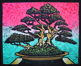 Ota Azalea Monoprint #1 by Ron Reekers, original bonsai woodblock print featuring a multi-trunk azalea with dark green foliage against a textured pink and turquoise background.