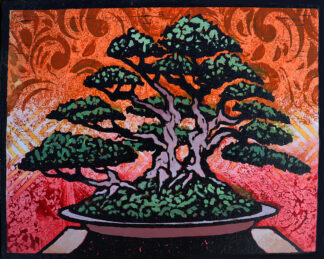 Ota Azalea Monoprint #2 by Ron Reekers, original bonsai woodblock art featuring purple trunks, green foliage, and vibrant orange and pink Japanese-inspired patterns.