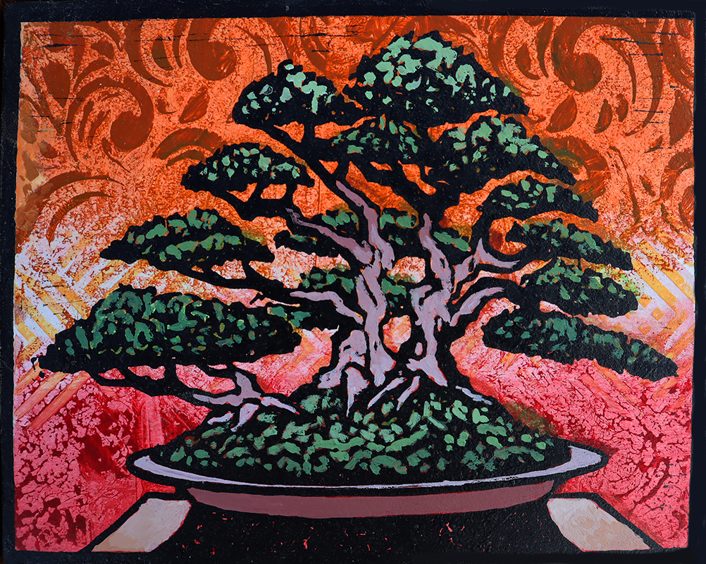 Ota Azalea Monoprint #2 by Ron Reekers, original bonsai woodblock art featuring purple trunks, green foliage, and vibrant orange and pink Japanese-inspired patterns.
