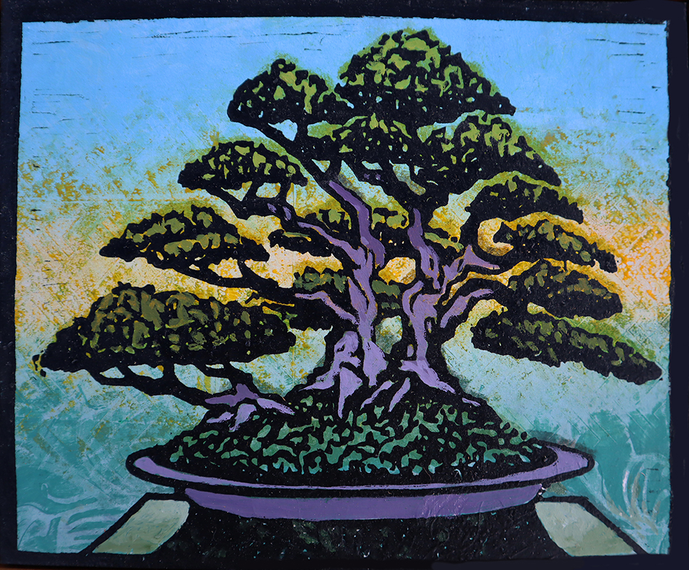 Ota Azalea Monoprint #3 by Ron Reekers, Japanese bonsai woodblock with lavender multi-trunk structure, dark green foliage, and luminous blue and yellow background.