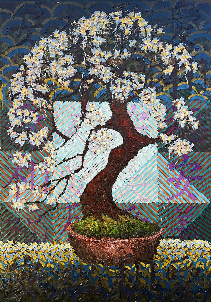 Oil painting Wild Plum by Ron Reekers, depicting a mature flowering plum bonsai with a twisting reddish-brown trunk, delicate white and yellow blossoms, and a shallow rustic pot against a vibrant geometric background of turquoise, blue, orange, and purple.