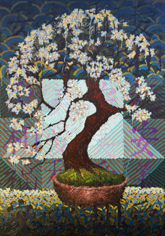 Original Wild Plum bonsai oil painting by Ron Reekers, featuring white and yellow plum blossoms, a twisting aged trunk, rustic bonsai pot, and colorful geometric background.
