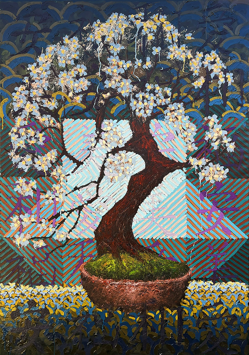 Original Wild Plum bonsai oil painting by Ron Reekers, featuring white and yellow plum blossoms, a twisting aged trunk, rustic bonsai pot, and colorful geometric background.